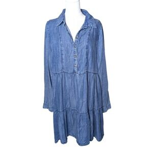 Easel 100% Tencel Chambray Tiered Shirt Dress Soft Denim Boho Prairie Style Sz L